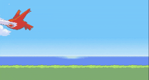two birds are flying over a body of water in a pixel art scene