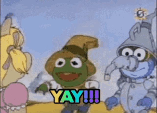 a cartoon of muppets saying yay with a frog in a scarecrow costume