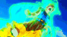 a colorful painting of a person 's face against a blue sky