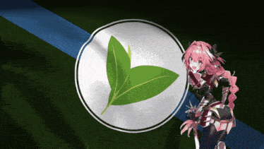 a girl with pink hair is standing in front of a green leaf