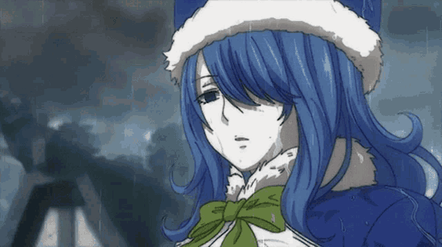 a drawing of a girl with blue hair wearing a hat