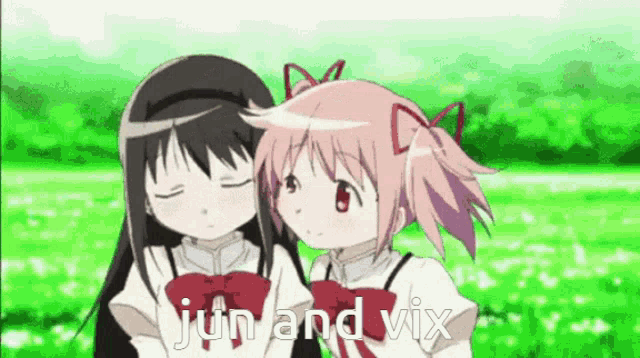 two anime girls are standing next to each other and the words jun and vix are on the bottom
