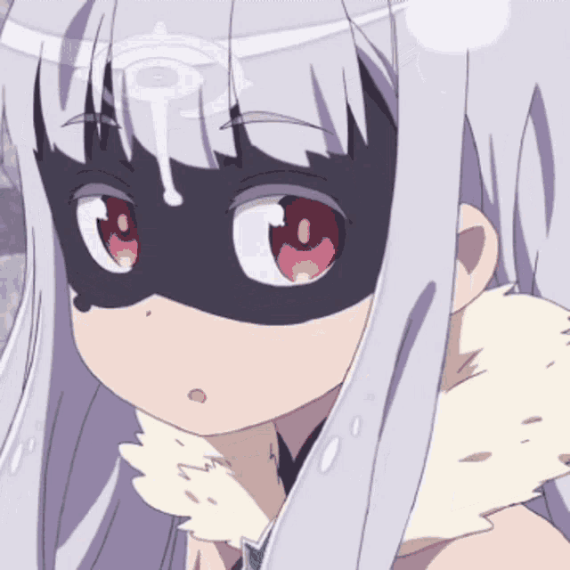 a close up of a girl wearing a mask and a fur coat