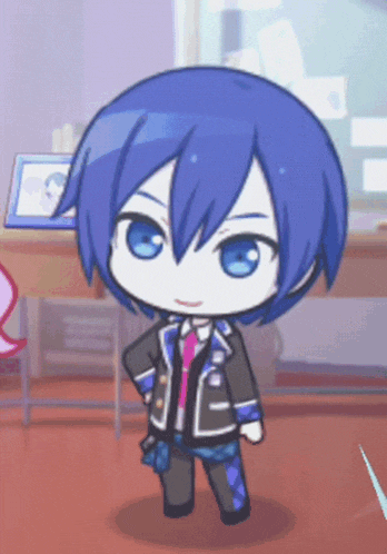 a cartoon character with blue hair and blue eyes is standing in front of a desk