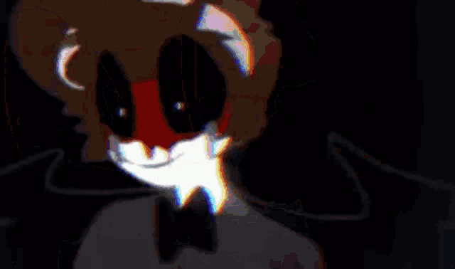 a close up of a cartoon character 's face with a glowing light coming out of it 's mouth .