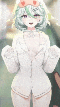 a girl with white hair and purple eyes is wearing a pig mask on her head