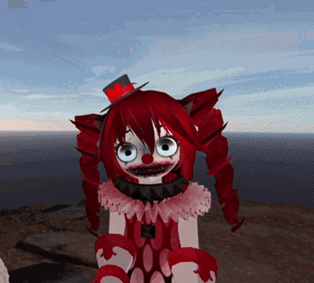 a clown with red hair and a top hat with a red heart on it