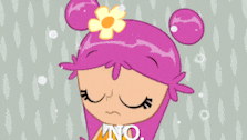 a cartoon character with pink hair and a yellow flower in her hair says no .