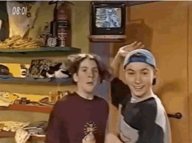 two young boys are standing next to each other in a room .