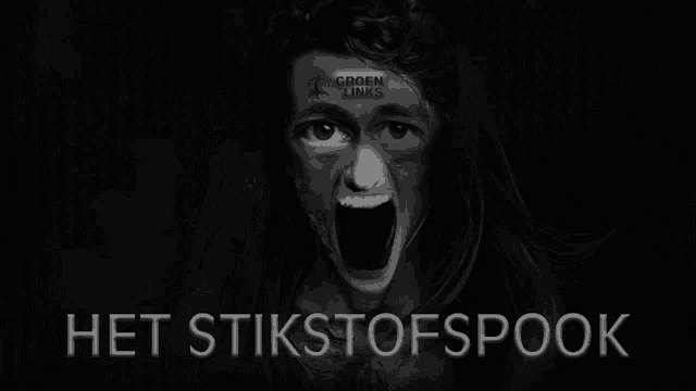 a black and white photo of a woman with groen links written on her forehead