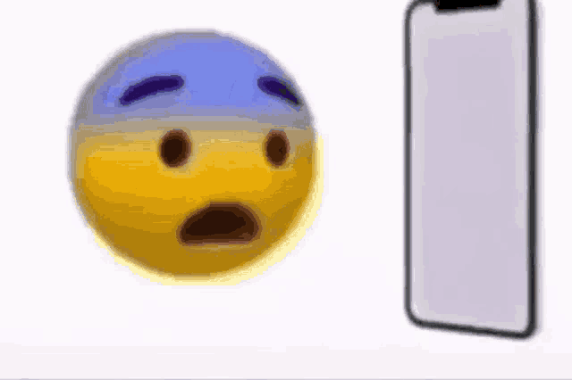 a yellow and blue smiley face with a surprised face next to a cell phone