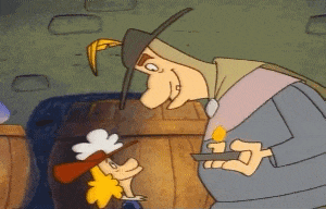 a cartoon of a man with a feathered hat holding a tray