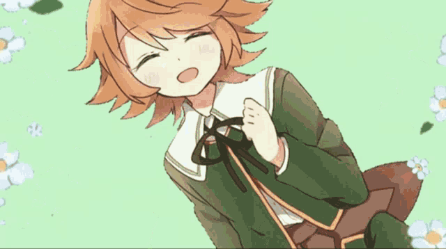 a girl with brown hair is smiling and wearing a green school uniform