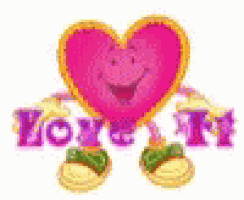 a pink heart with arms and legs is holding a sign that says `` love you '' .