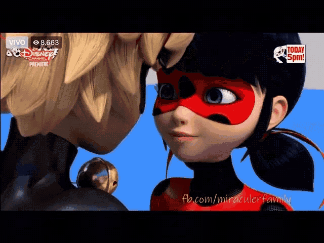 a ladybug and cat noir are looking at each other on a disney channel show