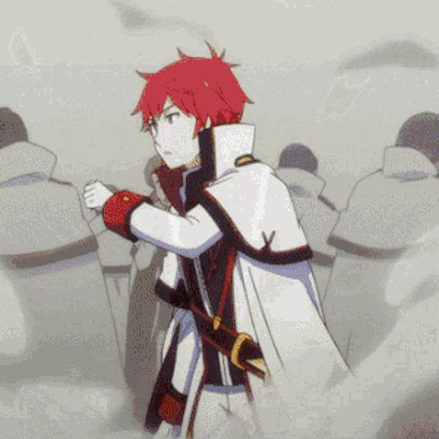 a man with red hair is standing in front of a crowd