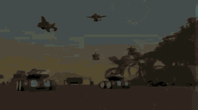 a video game is being played in the desert with planes and tanks in the foreground