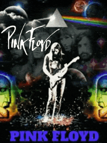 a poster for the band pink floyd with a man playing a guitar