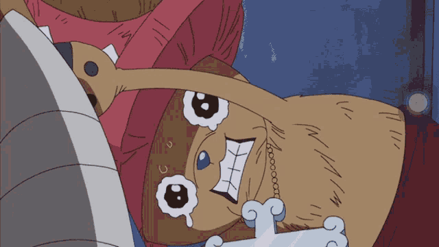tony tony chopper from one piece is crying and holding a glass of water