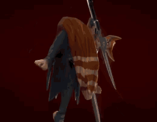 a cartoon character is holding a sword in his hand while flying in the air .