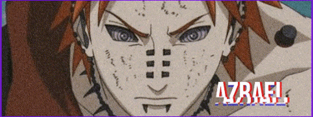 a close up of a person 's face with azrael written in red