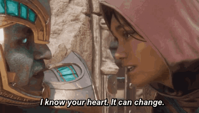 a man and a woman are looking at each other and the man says i know your heart it can change .