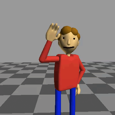 a cartoon character in a red shirt and blue pants waving his hand