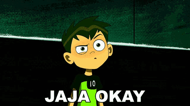 a cartoon boy with the number 10 on his shirt is smiling and says jaja okay