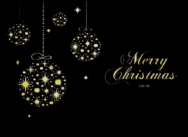 a black background with gold christmas ornaments and the words merry christmas