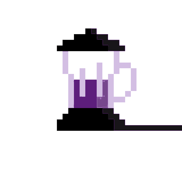 a pixel art illustration of a purple coffee maker with a black lid and handle .
