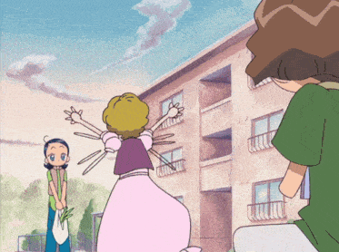 a cartoon girl in a pink dress stands in front of a building