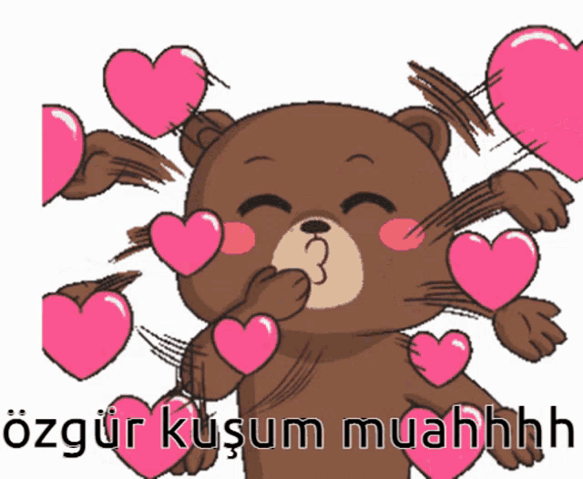 a teddy bear blowing a kiss with pink hearts surrounding it
