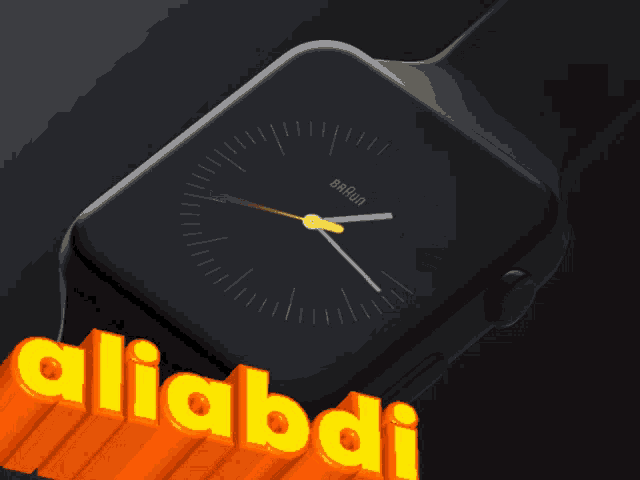 a black braun watch with the word aliabdi in orange