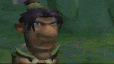 a cartoon character with purple hair and a green hat is making a funny face .
