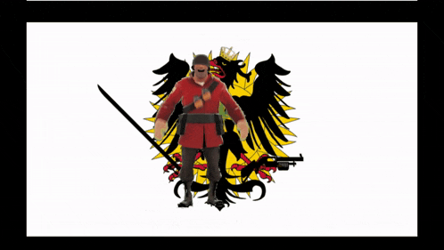 a man in a red coat is holding a sword in front of a black eagle