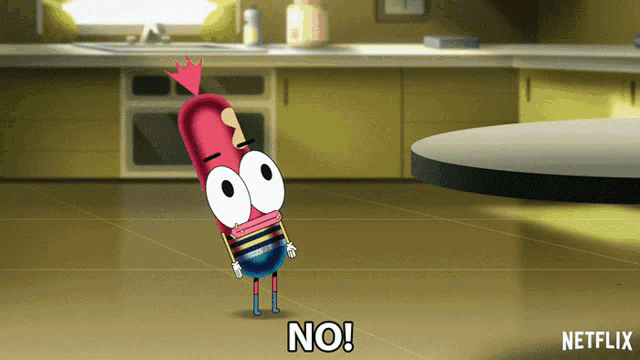 a cartoon character says no in front of a kitchen