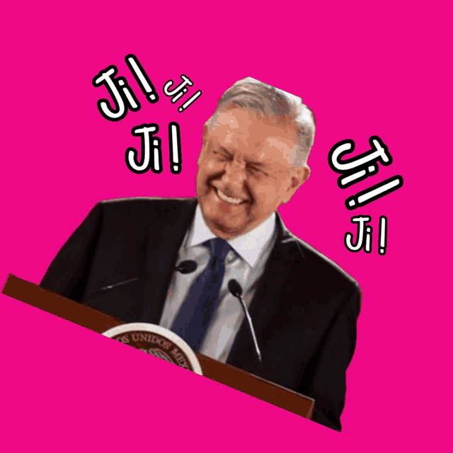 a man in a suit and tie stands at a podium with a pink background and says ji