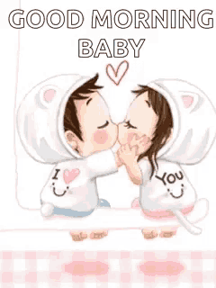 a boy and a girl are kissing on a pink checkered table cloth .