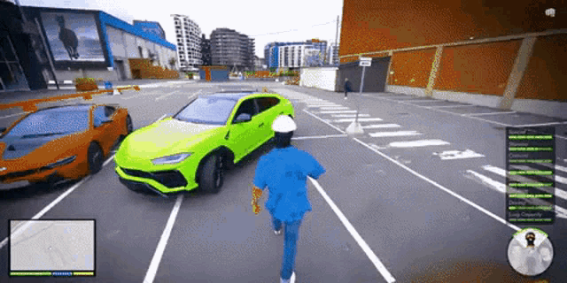a man in a blue shirt is running away from a green car