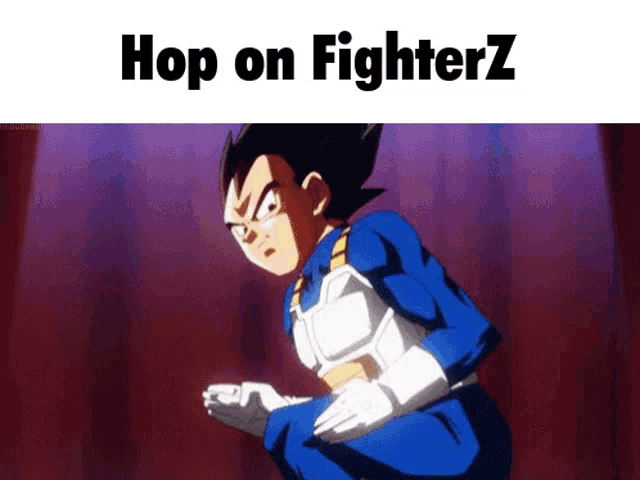 a cartoon character is kneeling down with the words `` hop on fighterz '' written above him .