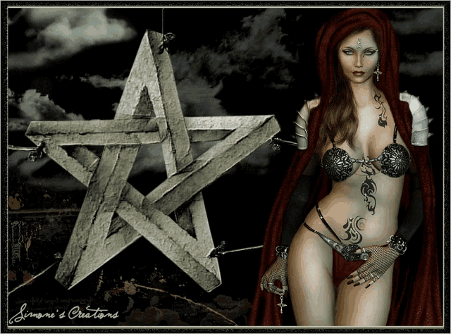 a woman in a red cape is standing in front of a pentagram with the word creations written on the bottom