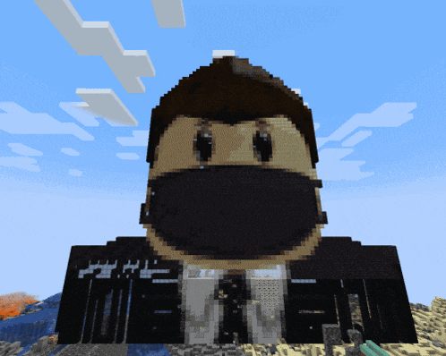 a pixel art of a man in a suit and tie with the word " the man " behind him
