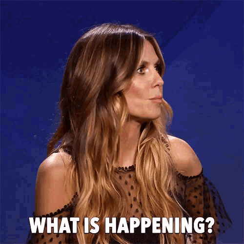 a woman is asking what is happening in front of a blue background .