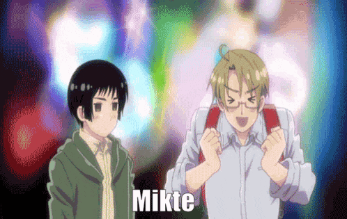 two anime characters standing next to each other with mikte written on the bottom right