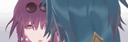 a purple haired anime girl with sunglasses on her head