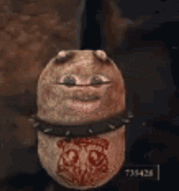 a close up of a cartoon character with a collar and spikes around its neck .