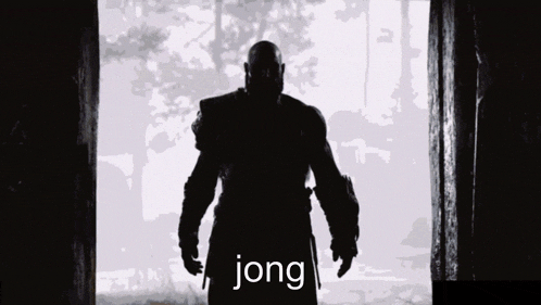 a silhouette of a man standing in front of a door with the word jong written on it