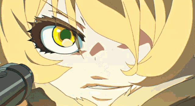 a close up of a cartoon character 's face with a gun
