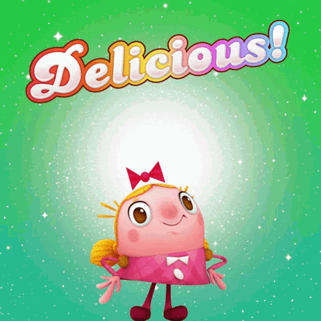 a cartoon girl with a bow on her head and the words delicious behind her