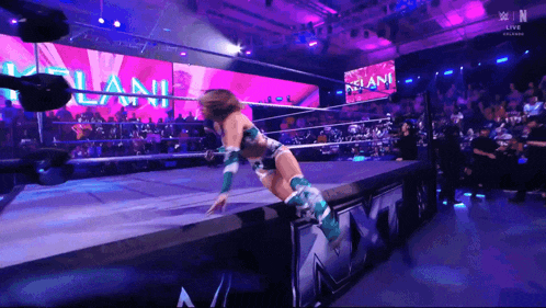 a woman in a wrestling ring with a sign that says miami